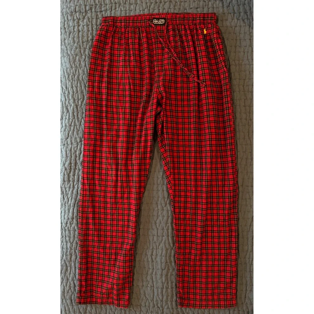 Polo Ralph Lauren Sleepwear PJ Pants Red Tartan Micro Plaid Men's L Yellow Pony